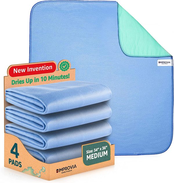 IMPROVIA® Washable Underpads, 34" x 36" (Pack of 4) - Heavy Absorbency Reusable Bedwetting Incontinence Pads for Kids, Adults, Elderly, and Pets - Waterproof Protective Pad for Bed, Couch, Sofa, Floor