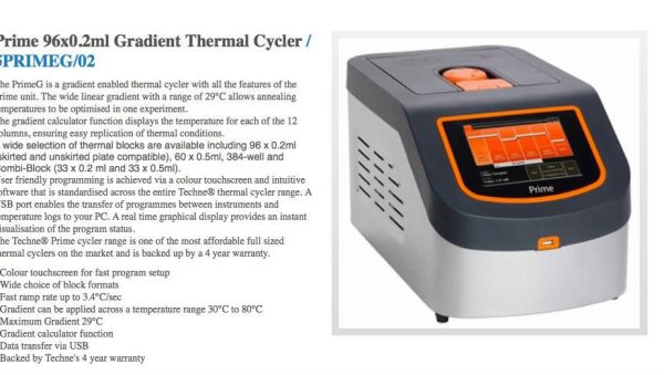 The Prime 96x0.2ml Gradient Thermal Cycler, also known as the PRIMEG/02, is a laboratory instrument used for polymerase chain reaction (PCR) applications. It is specifically designed to facilitate the amplification of DNA or RNA sequences in small reaction volumes.