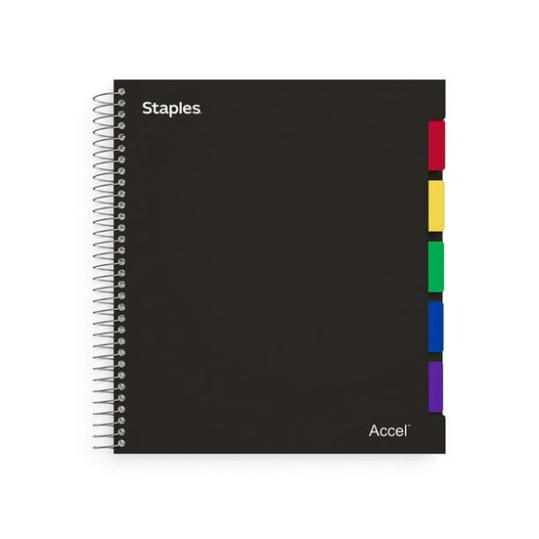 Staples Accel 5-Subject Notebook 8.5" x 11" College Ruled 150 Sh. Black 167634