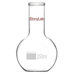 StonyLab Glass 250ml Long Neck Flat Bottom Flask, Borosilicate Glass Heavy Wall Flat Bottom Boiling Flask with Long Neck, 250ml