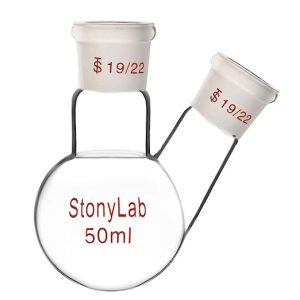 StonyLab Glass 50ml Heavy Wall 2 Neck Round Bottom Flask RBF, with 19/22 Center and Side Standard Taper Outer Joint - 50mL