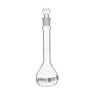 Volumetric Flask, 50ml - Class A, ASTM - Tolerance ±0.050 ml - Glass Stopper - Single, White Graduation - Eisco Labs