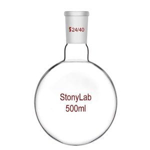 StonyLab Glass 500 ml Short Neck Round Bottom Flask, Borosilicate Glass Single Neck Heavy Wall Flask RBF with 24/40 Standard Taper Outer Joint, 500 ml