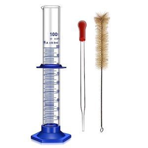 Thick Glass Graduated Cylinder Measuring Liquid Lab Cylinders with Anti-Falling Plastic Base and Bumper Guards and Cylinder Brush (Glass, 100ML)