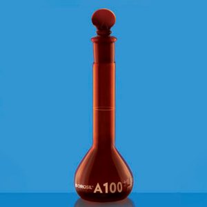 Borosil 5653005 Flasks, Volumetric, Wide neck, with I/c stopper, Amber, Class A