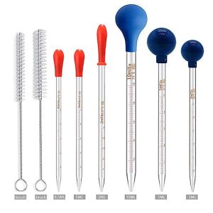 6PCS Thick Glass Graduated Dropper Pipettes Fluid and Liquid Pipettors 0.5ml 1ml 2ml 3ml 5ml 10ml with Caps and 2PCS Washing Brushes (20cm-7.8inch)