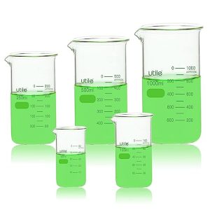Utile 5 Sizes of Tall Form Glass Beaker Set, Vol. 50ml 100ml 250ml 500ml 1000ml, Borosilicate 3.3 Glass with Printed Graduation, 4099.0115.1
