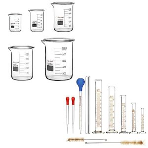 stonylab Graduated Cylinder and Beaker Bundle, Borosilicate Glass 5 Sizes Low Form Griffin Beakers and 5 Sizes Measuring Cylinders with Pipettes/Stirring Rods/Clean Brushes, Combo Pack