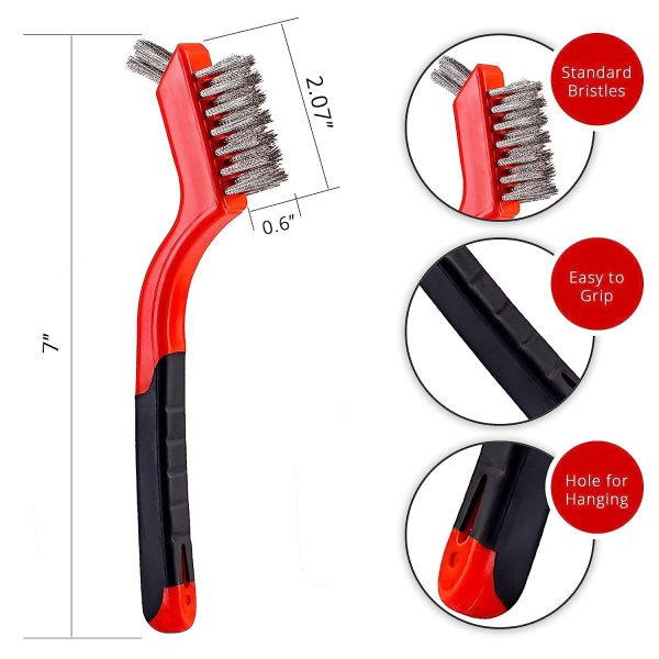 Lavaxon Wire Brush Set 3Pcs - Nylon/Brass/Stainless Steel Bristles with Curved Handle Grip for Rust, Dirt & Paint Scrubbing with Deep Cleaning – 7 Inches (Red) - Image 2