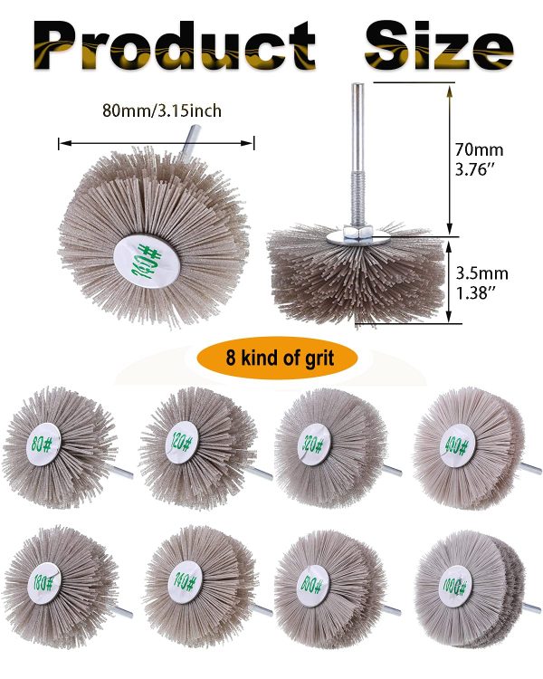 Rocaris 8 Pack Nylon Wheel Brush Abrasive Grinding Head with 1/4 inch Threaded Shank 80, 120, 180, 240, 320, 400, 600, 1000Grit, Perfect for Removing of Rust/Corrosion/Paint - Image 2