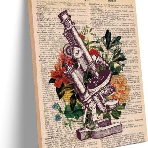 Antique microscope with flower Wall Art , Poster Canvas Wall Art for Home, Office, Lab Decor, chemistry, laboratory, vintage science, Wall Art Painting Ready to Hang Microbiologist Gifts (12X15 inch)
