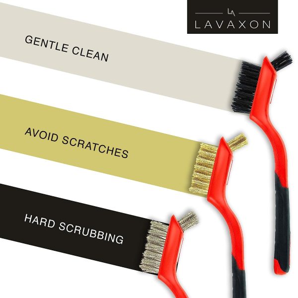 Lavaxon Wire Brush Set 3Pcs - Nylon/Brass/Stainless Steel Bristles with Curved Handle Grip for Rust, Dirt & Paint Scrubbing with Deep Cleaning – 7 Inches (Red) - Image 4