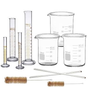 Thick Glass Graduated Measuring Cylinder Set 5ml 10ml 50ml 100ml Glass Measuring Beaker Set 50ml 100ml 250ml with 2 Glass Stirring Rods 12’’ Long 1/4’’ Diameter and 2 Brushes