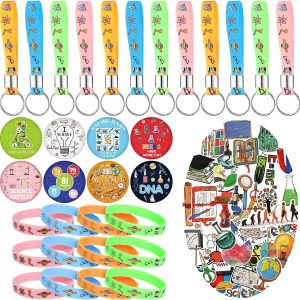 90 Pcs Science Birthday Party Supplies Include 12 Bracelets, 16 Button Pins, 12 Keychain, 50 Science Stickers, Science Party Favors for Boys and Girls Science Goody Bags Stuffers