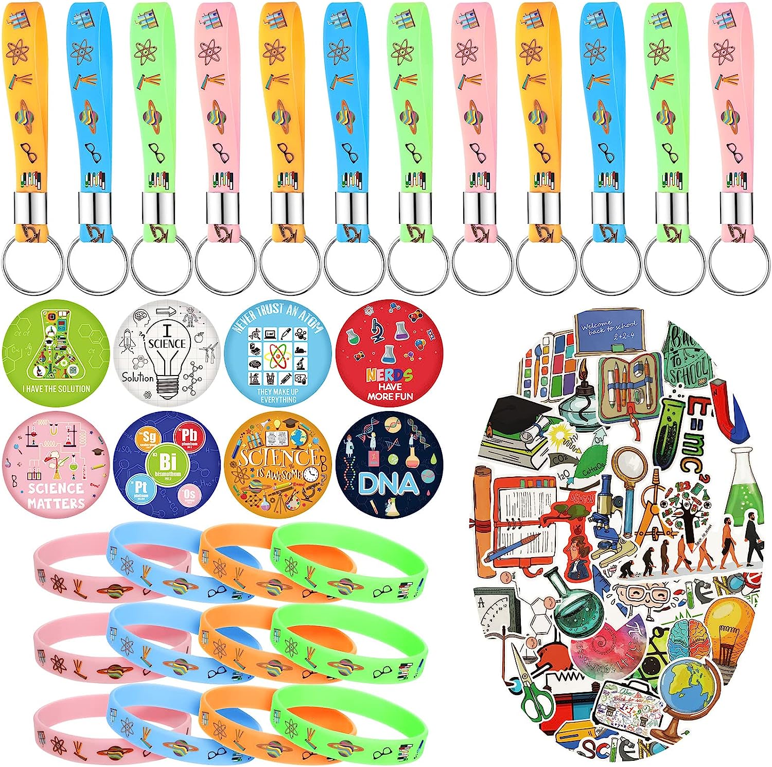 90 Pcs Science Birthday Party Supplies Include 12 Bracelets, 16 Button Pins, 12 Keychain, 50 Science Stickers, Science Party Favors for Boys and Girls Science Goody Bags Stuffers