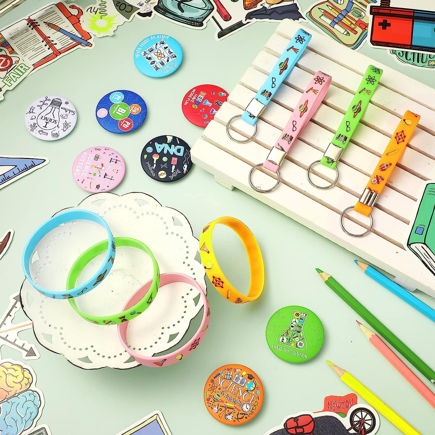 90 Pcs Science Birthday Party Supplies Include 12 Bracelets, 16 Button Pins, 12 Keychain, 50 Science Stickers, Science Party Favors for Boys and Girls Science Goody Bags Stuffers - Image 7