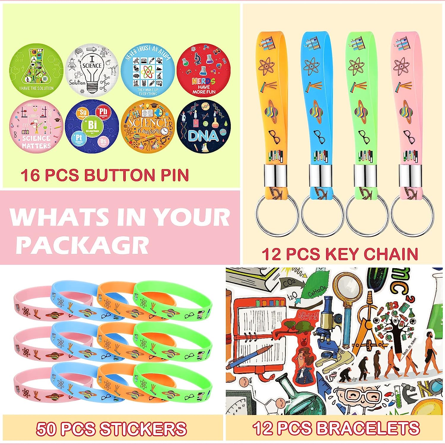 90 Pcs Science Birthday Party Supplies Include 12 Bracelets, 16 Button Pins, 12 Keychain, 50 Science Stickers, Science Party Favors for Boys and Girls Science Goody Bags Stuffers - Image 5