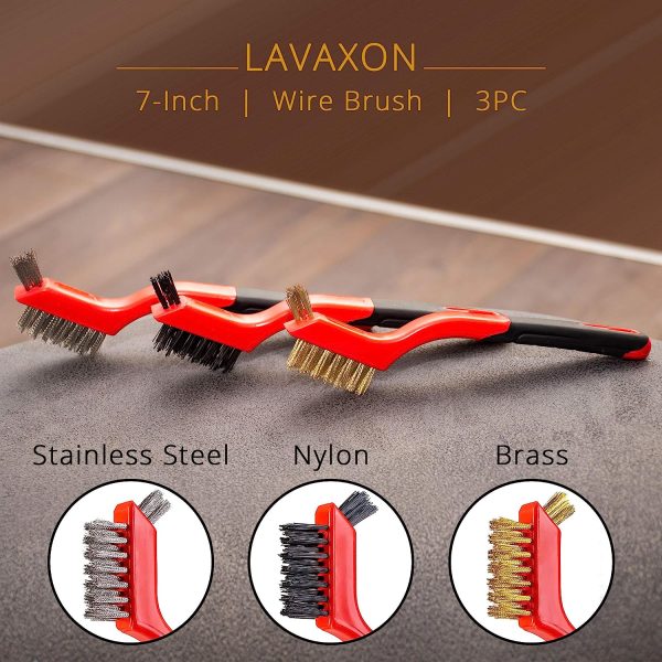 Lavaxon Wire Brush Set 3Pcs - Nylon/Brass/Stainless Steel Bristles with Curved Handle Grip for Rust, Dirt & Paint Scrubbing with Deep Cleaning – 7 Inches (Red) - Image 3