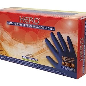 Adenna HER005 Hero 14 mil Powder-Free Latex Gloves, Extended Cuff, Medical Grade, Blue, Medium, Box of 50