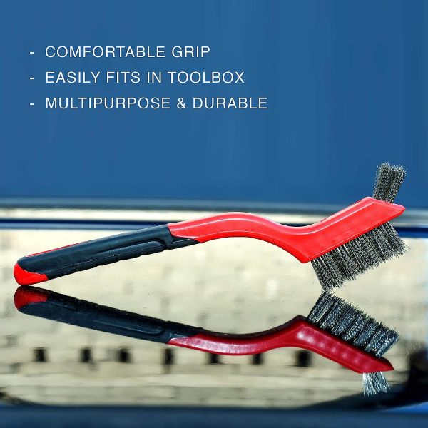Lavaxon Wire Brush Set 3Pcs - Nylon/Brass/Stainless Steel Bristles with Curved Handle Grip for Rust, Dirt & Paint Scrubbing with Deep Cleaning – 7 Inches (Red) - Image 5