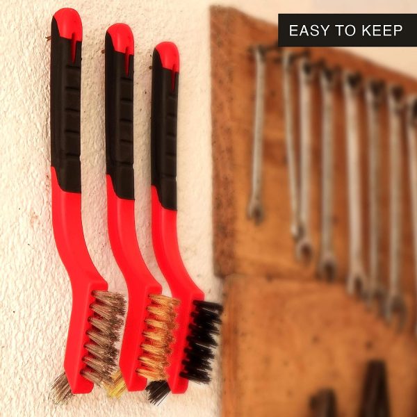Lavaxon Wire Brush Set 3Pcs - Nylon/Brass/Stainless Steel Bristles with Curved Handle Grip for Rust, Dirt & Paint Scrubbing with Deep Cleaning – 7 Inches (Red) - Image 6