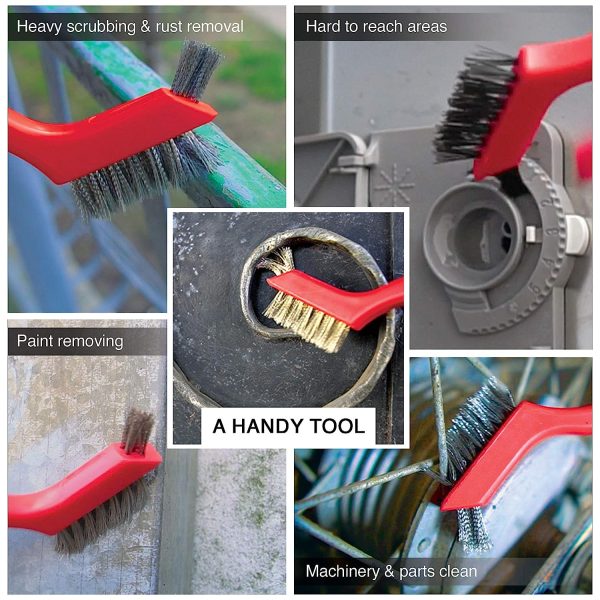 Lavaxon Wire Brush Set 3Pcs - Nylon/Brass/Stainless Steel Bristles with Curved Handle Grip for Rust, Dirt & Paint Scrubbing with Deep Cleaning – 7 Inches (Red) - Image 7