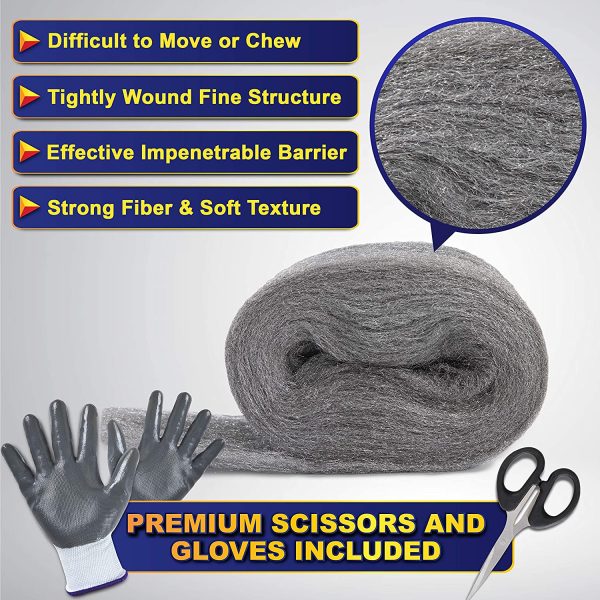 MAPORCH Steel Wool for Mice Control - 3 Pack, 3.2"x7.5 ft Wool, Gap Filler for Home & Garage, DIY Bundle with Gloves & Scissors - Image 2