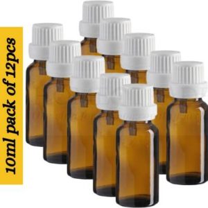 HOMEOTRADE Amber Glass Bottles for Essential Oils 12PCS 10mL Dropper WHITE FLAT Cap Laboratory Dropper Bottle  (Glass 10 ml Pack of12)