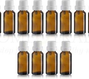 HOMEOTRADE Amber Glass Bottles for Essential Oils 12PCS 15mL with WHITE FLAT Cap Laboratory Dropper Bottle  (Glass 15 ml Pack of12)