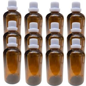 HOMEOTRADE Amber Glass Bottles for Essential Oils 12PCS 50mL Dropper WHITE FLAT Cap Laboratory Dropper Bottle  (Glass 50 ml Pack of12)