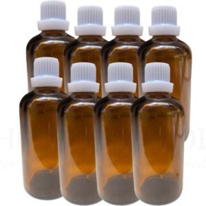 HOMEOTRADE Amber Glass Bottles for Essential Oils 12PCS Euro Dropper 100mL & WHITE FLAT Cap Laboratory Dropper Bottle  (Glass 100 ml Pack of12)