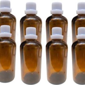 HOMEOTRADE Amber Glass Bottles for Essential Oils 8PCS 50mL Dropper WHITE FLAT Cap Laboratory Dropper Bottle  (Glass 50 ml Pack of8)