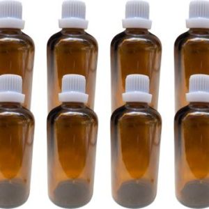HOMEOTRADE Amber Glass Bottles for Essential Oils 8PCS 100mL Dropper WHITE FLAT Cap Laboratory Dropper Bottle  (Glass 100 ml Pack of8)