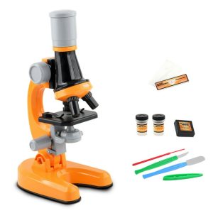 Children's microscope science laboratory kit, 100X 400X 1200X trinocular magnification beginner toy home school education biology handheld camera compound telescope