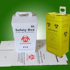 Safety box for disposal of used syringes and needles, 5 liters