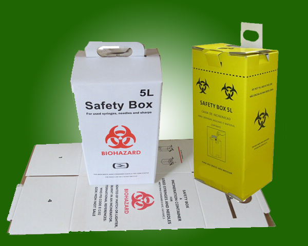 Safety box for disposal of used syringes and needles, 5 liters