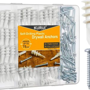 KURUI #8 Self Drilling Drywall Anchors, 100PCs Wall Anchors and Screws for Drywall, 50 Self-Tapping/Threaded Plastic Sheetrock Anchors + 50#8 x 1-1/4'' Screws, 50-75LB Hanging and Mounting