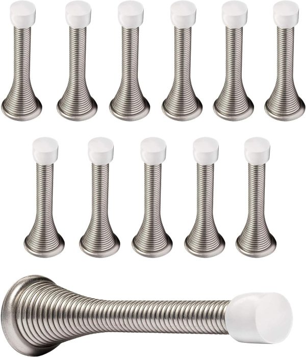 KISEER 12 Pack Spring Door Stops 3 1/4" Flexible Heavy Duty Spring Door Stopper with RustProof Screw Rubber Bumper Tips (Satin Nickel)