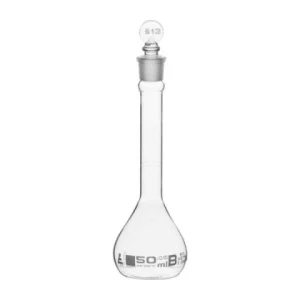 Eisco 50ml Volumetric Flask Class B, ASTM - Glass Stopper - White Graduation - Eisco Labs CH0442BWT
