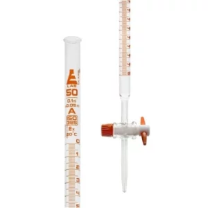 Eisco 50mL Burette Class A - 0.1mL Amber Graduations - PTFE Stopcock - Borosilicate Glass CH0240K