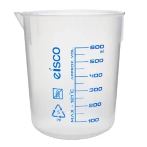 Eisco Premium 600mL Beaker - Polypropylene Plastic, Blue Screen Printed, 50mL Graduations ECH0139D