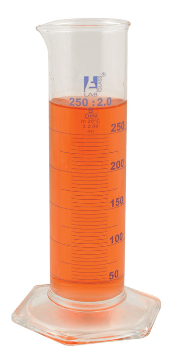 Measuring Cylinder, 250ml - Class B - Squat Form, Blue Graduations - Borosilicate Glass - Eisco Labs