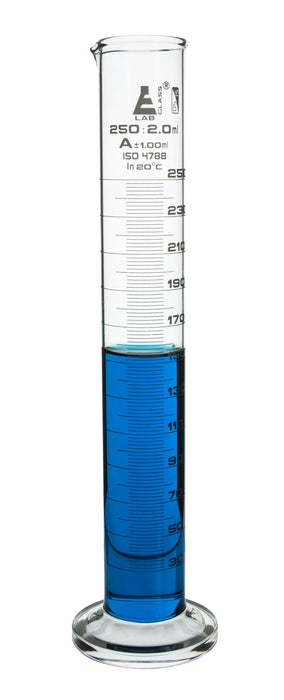 Measuring Cylinder, 250ml - Class A, Tolerance: ±1.00ml - Borosilicate Glass, White Graduations - Round Base - Eisco Labs