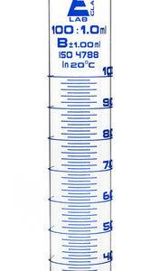 Measuring Cylinder, 100ml - Class B - 19/26 Polypropylene Stopper - Round Base, Blue Graduations - Borosilicate Glass - Eisco Labs