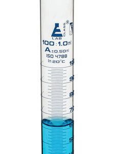 Measuring Cylinder, 100ml - Class A - 19/26 Polypropylene Stopper - Round Base, Blue Graduations - Borosilicate Glass - Eisco Labs