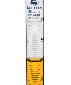 Measuring Cylinder, 50ml - Class B - 14/23 Polypropylene Stopper - Hexagonal Base, Blue Graduations - Borosilicate Glass - Eisco Labs