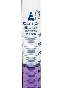 Measuring Cylinder, 100ml - Class B - 19/26 Polypropylene Stopper - Hexagonal Base, Blue Graduations - Borosilicate Glass - Eisco Labs