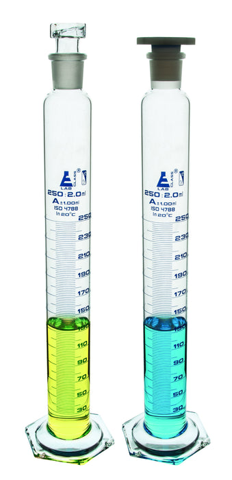 Measuring Cylinder, 1000ml - Class A - 29/32 Polypropylene Stopper - Hexagonal Base, White Graduations - Borosilicate Glass - Eisco Labs