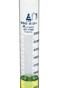 Measuring Cylinder, 250ml - Class A - 24/29 Polypropylene Stopper - Hexagonal Base, Blue Graduations - Borosilicate Glass - Eisco Labs