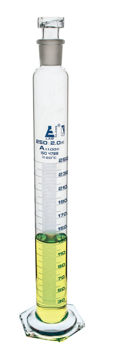 Measuring Cylinder, 250ml - Class A - 24/29 Polypropylene Stopper - Hexagonal Base, Blue Graduations - Borosilicate Glass - Eisco Labs